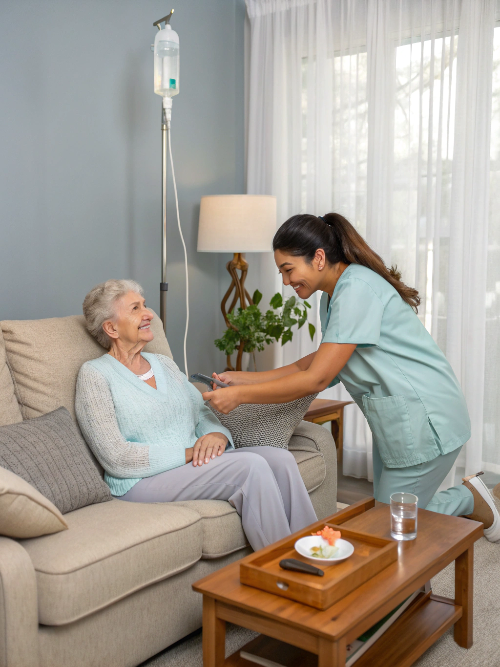 Compassionate nurse providing care to a patient at home